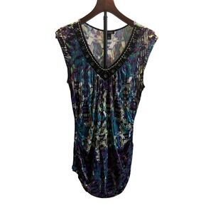 B-Design Women Large Purple Green Geometric Studded V-Neck Ruched Top 04 50702